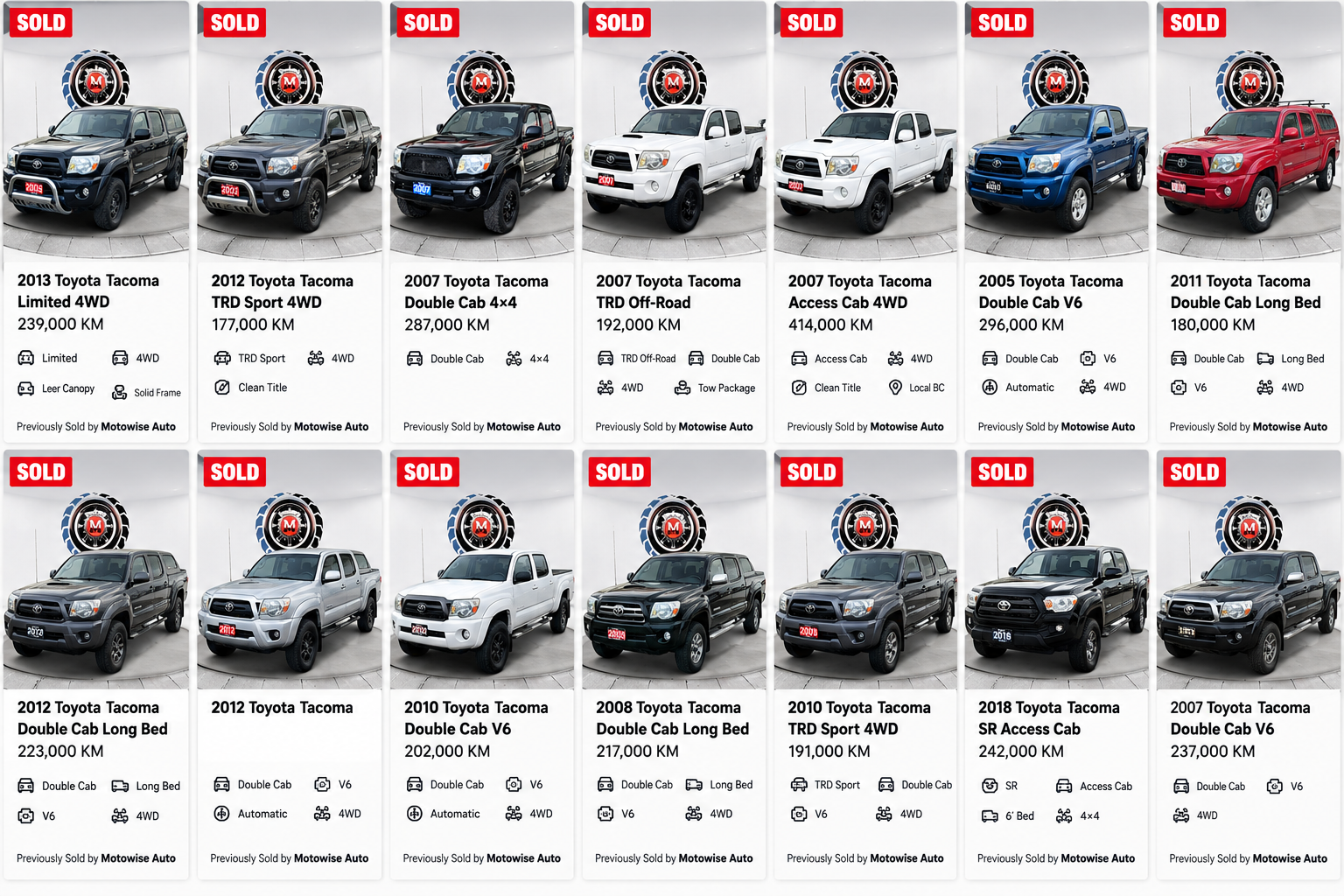 Previously sold Toyota Tacomas at Motowise Auto in Coquitlam BC